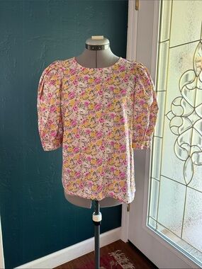 En Saison Cotton Floral Puff-Sleeve Blouse in Pink and Yellow